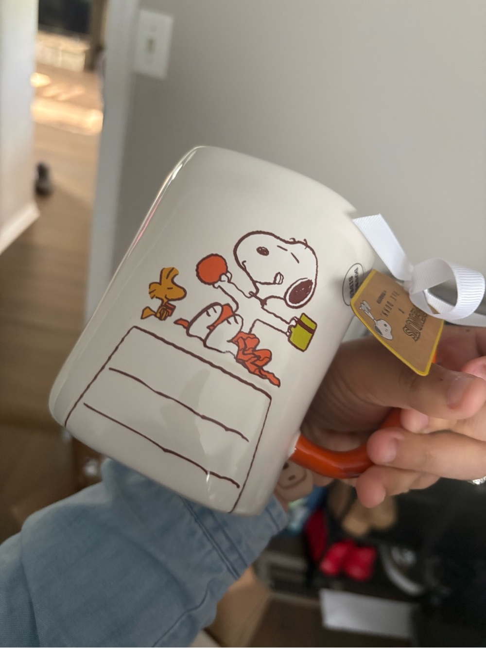 Rae DunnPeanuts Snoopy & Woodstock White Ceramic Holiday Mug - Orange Handle